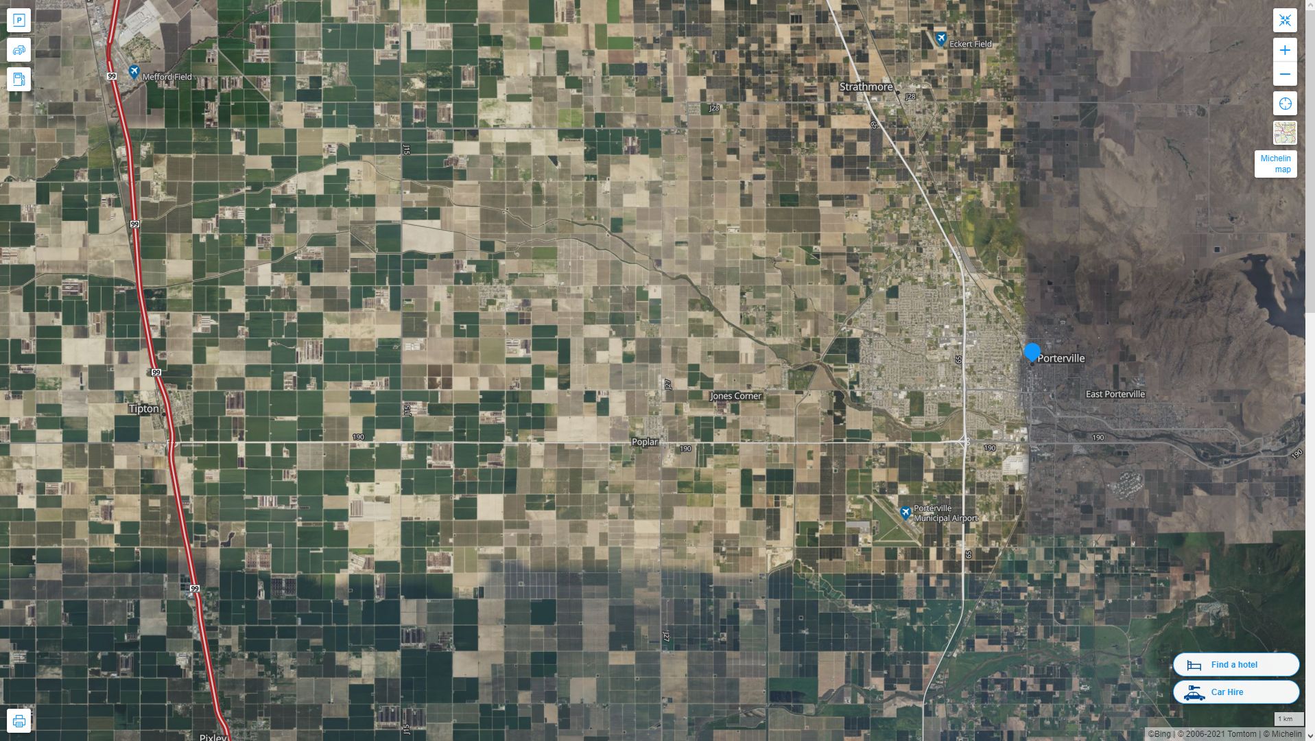 Porterville California Highway and Road Map with Satellite View